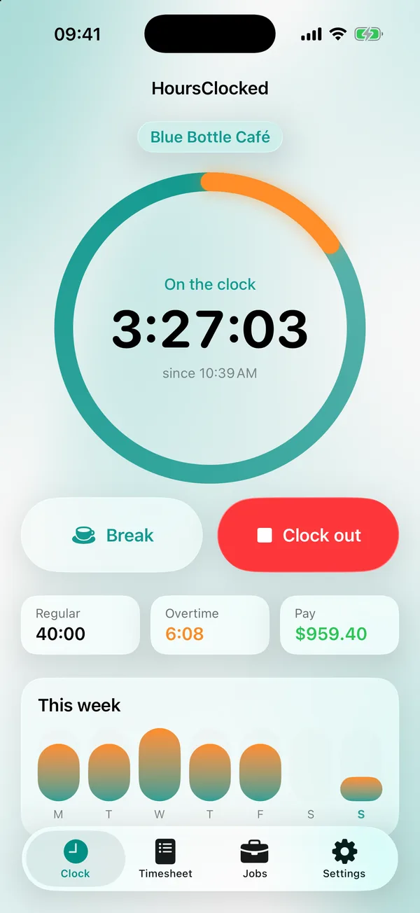 HoursClocked app: running shift, weekly hours and overtime